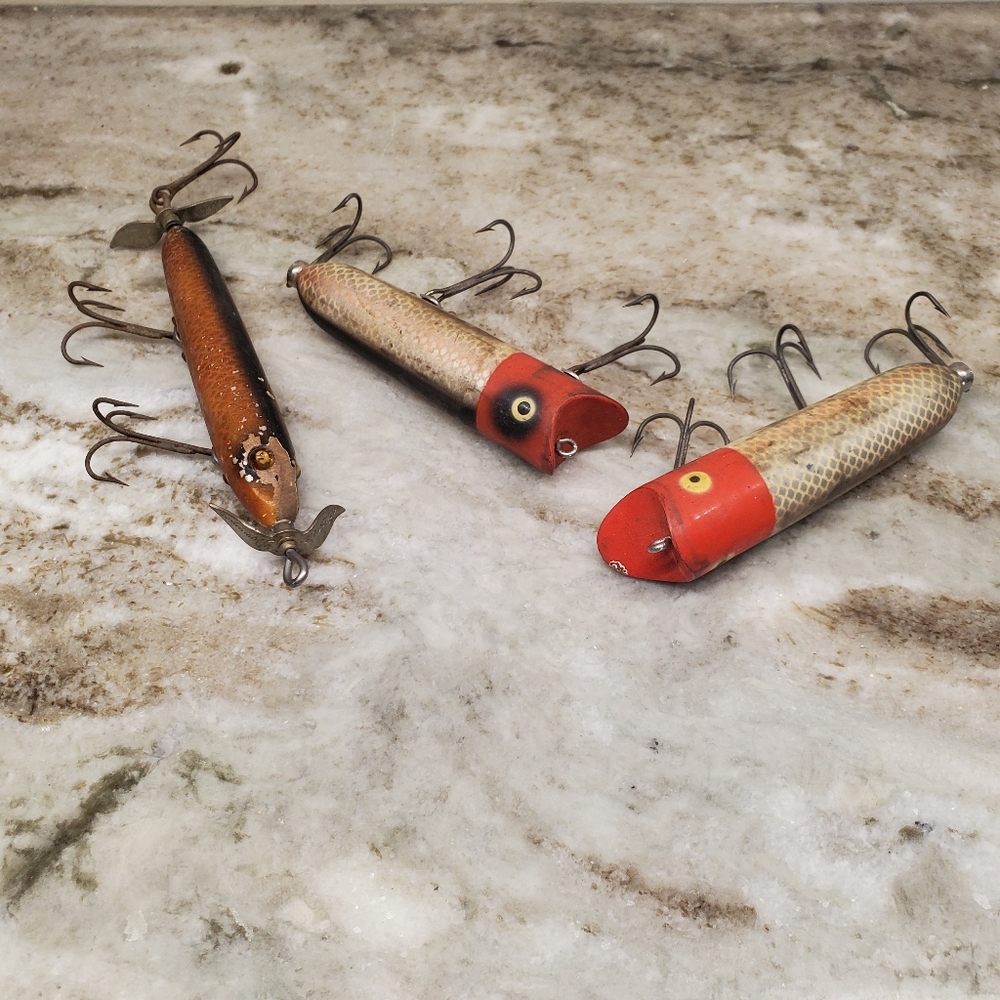 3 Vintage Heddon fishing Lures Lucky 13 Strikes and wooden Torpedo